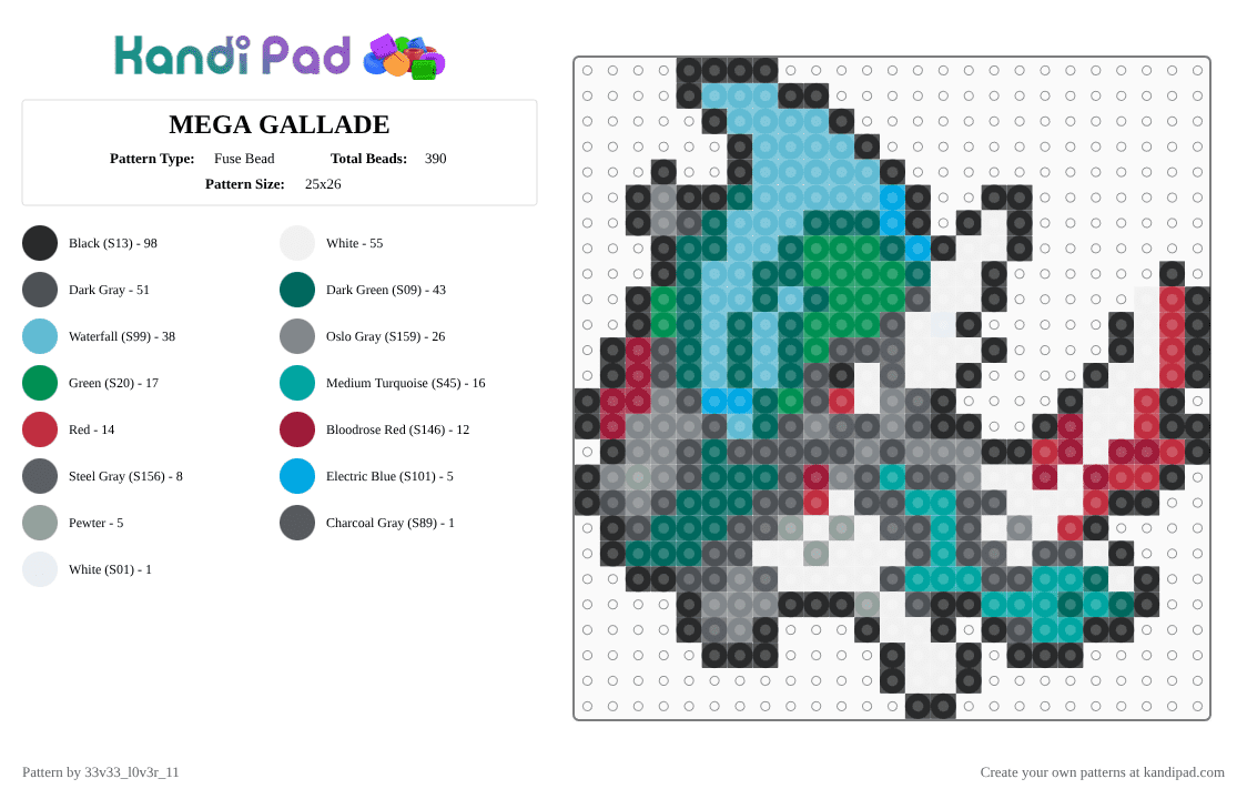 MEGA GALLADE - Fuse Bead Pattern by 33v33_l0v3r_11 on Kandi Pad - gray,teal
