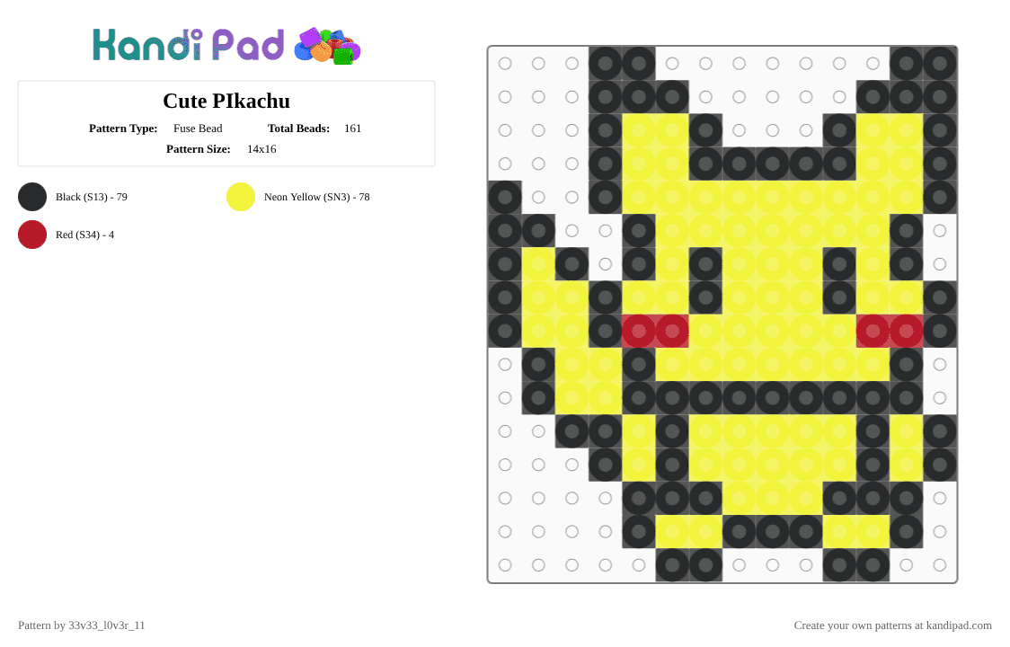 Cute PIkachu - Fuse Bead Pattern by 33v33_l0v3r_11 on Kandi Pad - yellow