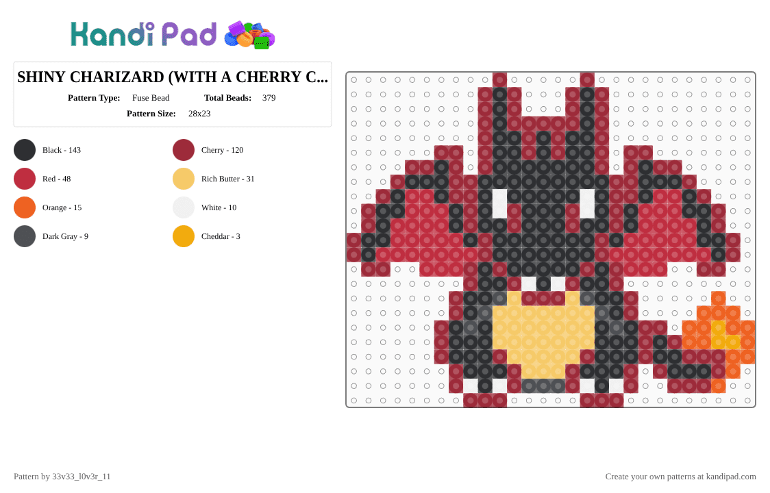 SHINY CHARIZARD (WITH A CHERRY COLOR OUTLINE) - Fuse Bead Pattern by 33v33_l0v3r_11 on Kandi Pad - red