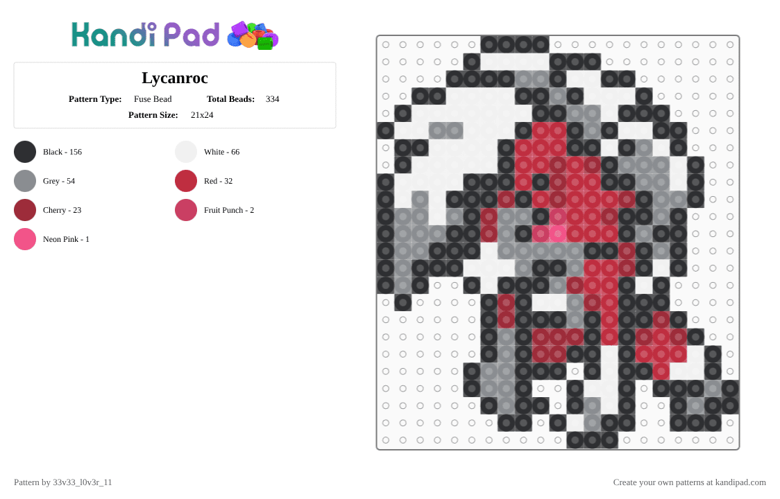 Lycanroc - Fuse Bead Pattern by 33v33_l0v3r_11 on Kandi Pad - gray,red