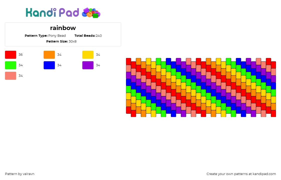 rainbow - Pony Bead Pattern by valravn on Kandi Pad - diagonal,stripes,rainbow,cuff,colorful