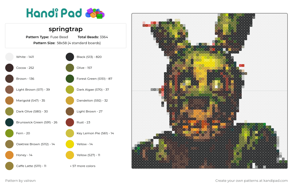 springtrap - Fuse Bead Pattern by valravn on Kandi Pad - springtrap,five nights at freddys,fnaf,animatronic,video game,horror,scary,detailed,thrilling,green,brown