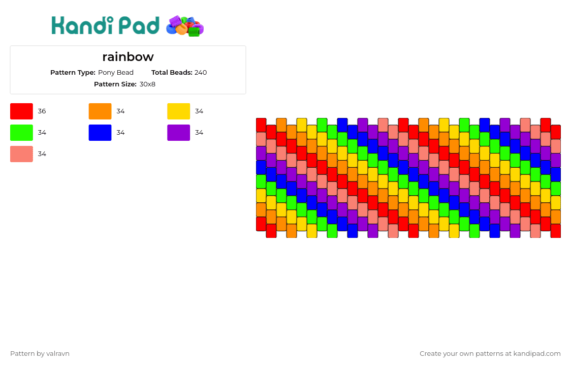 rainbow - Pony Bead Pattern by valravn on Kandi Pad - diagonal,stripes,rainbow,cuff,colorful