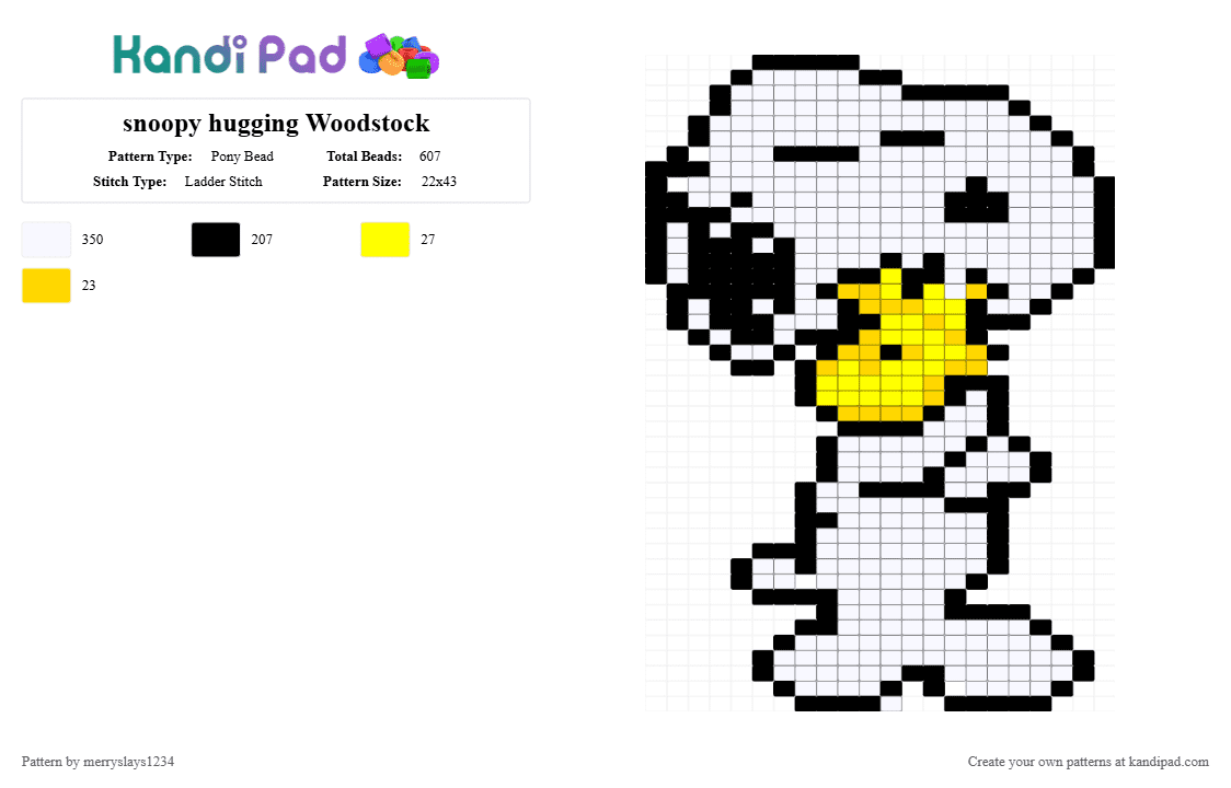 snoopy hugging Woodstock - Pony Bead Pattern by merryslays1234 on Kandi Pad - white,snoopy,snoopy and woodstock,dog,woodstock,cute,peanuts,charlie brown
