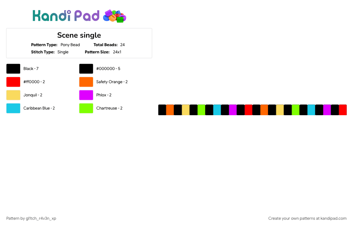 Scene single - Pony Bead Pattern by gl1tch_r4v3n_xp on Kandi Pad - black, colorful, green, orange, pink, rainbow, scene, scenecore, single
