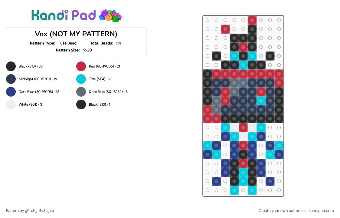 Vox (NOT MY PATTERN) - Fuse Bead Pattern by gl1tch_r4v3n_xp on Kandi Pad - blue, character, hazbin hotel, light blue, pixel art, purple, red, vox