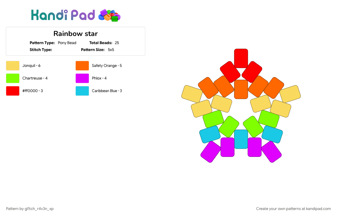 Rainbow star - Pony Bead Pattern by gl1tch_r4v3n_xp on Kandi Pad - colorful, green, low on beads, orange, pink, rainbow, star, yellow