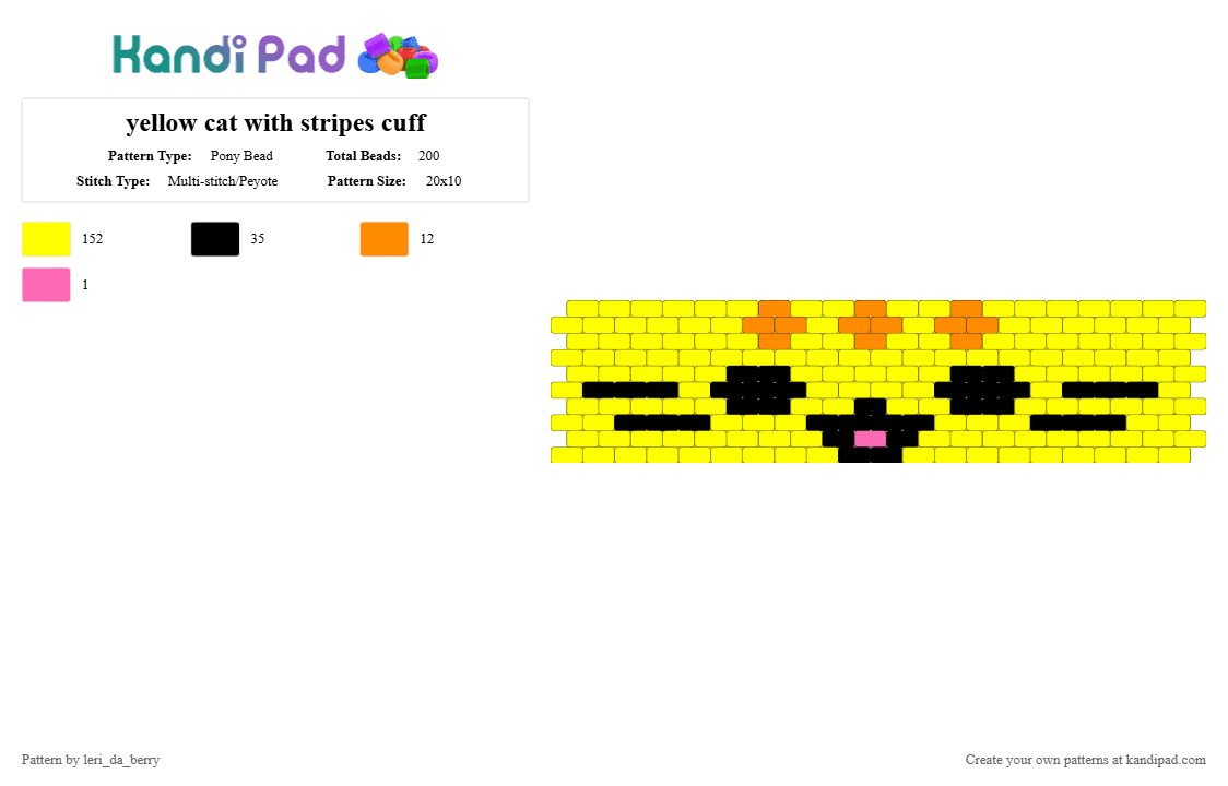 yellow cat with stripes cuff - Pony Bead Pattern by leri_da_berry on Kandi Pad - yellow,cat,pusheen,cute,meow,cuff