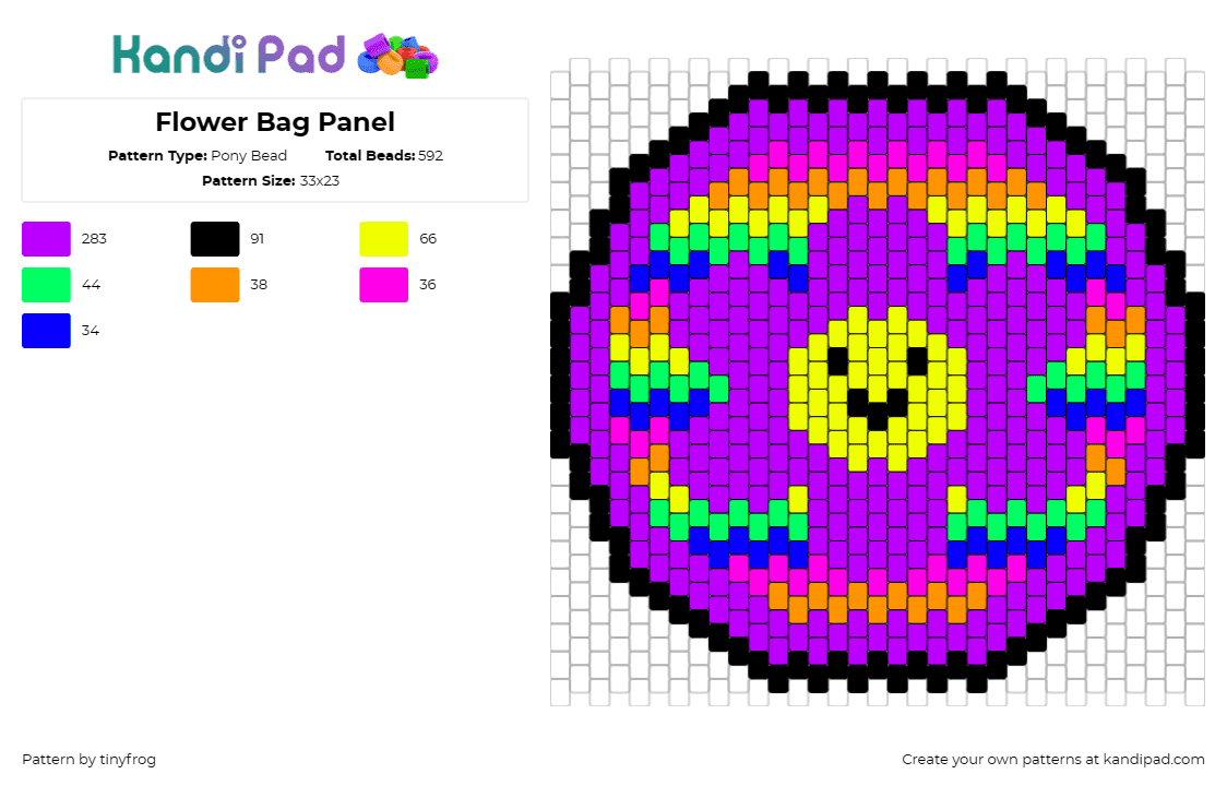 Flower Bag Panel - Pony Bead Pattern by tinyfrog on Kandi Pad - flower,smiley,rainbow,bag,purse,panel,smile,colorful,purple,yellow