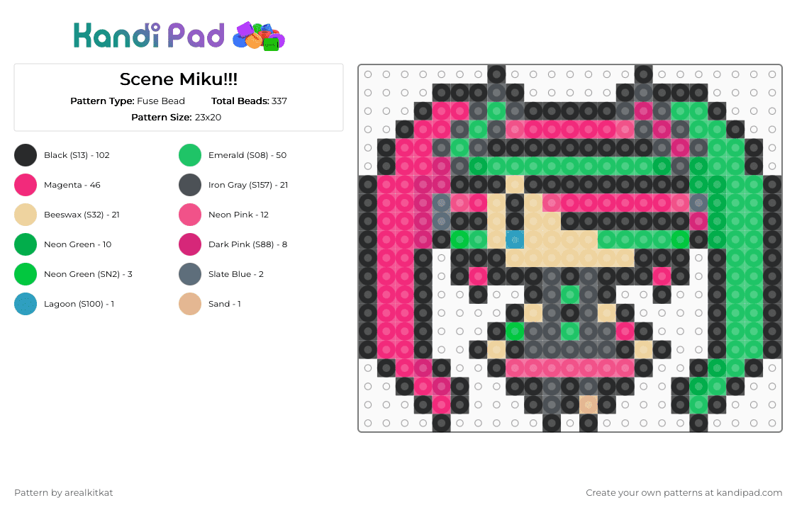 Scene Miku!!! - Fuse Bead Pattern by arealkitkat on Kandi Pad - purple,pink,green,miku,scene,vocaloid,alternative
