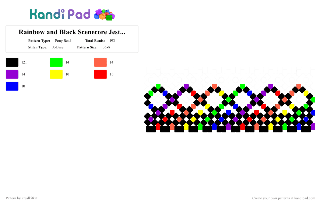 Rainbow and Black Scenecore Jester Cuff 🌈🖤 - Pony Bead Pattern by arealkitkat on Kandi Pad - black,red,purple