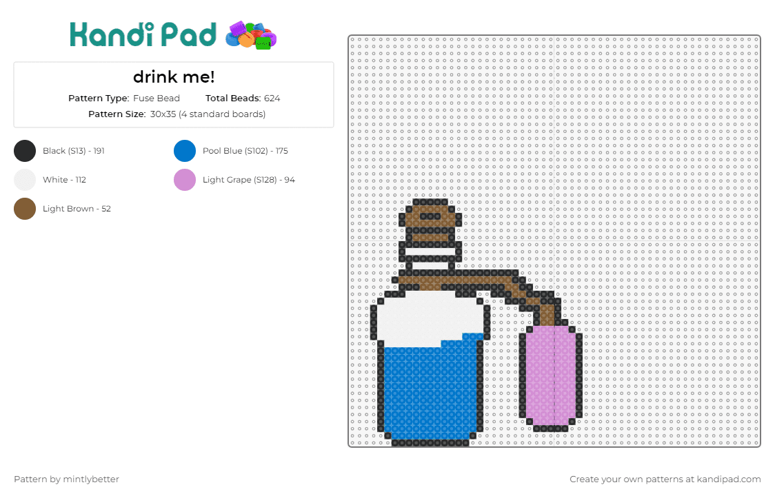 drink me! - Fuse Bead Pattern by mintlybetter on Kandi Pad - drink me,alice in wonderland,potion,shrinking,trippy,movie,animated,bottle,blue,pink