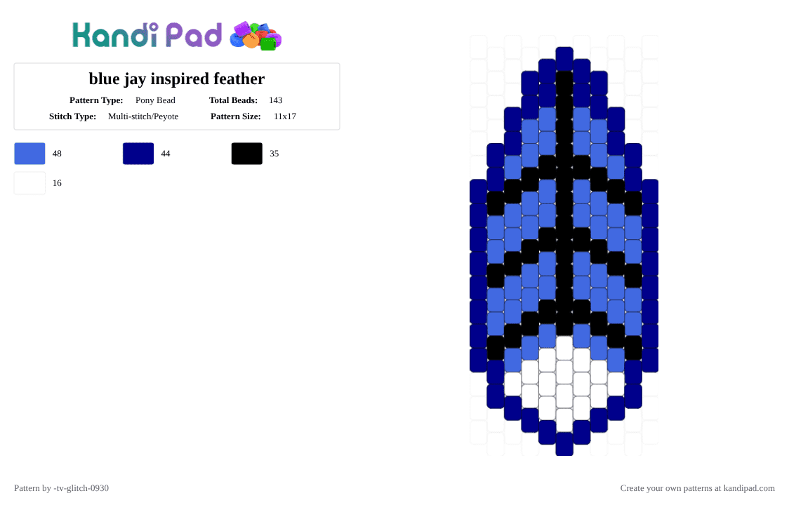 blue jay inspired feather - Pony Bead Pattern by -tv-glitch-0930 on Kandi Pad - purple,blue,blue jay,feather,charm,blue jay feather