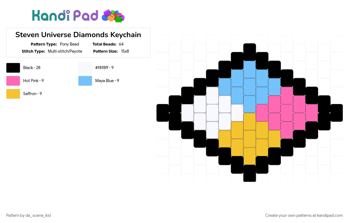 Steven Universe Diamonds Keychain - Pony Bead Pattern by da_scene_kid on Kandi Pad - blue, diamonds, light blue, pink, steven universe, white, yellow