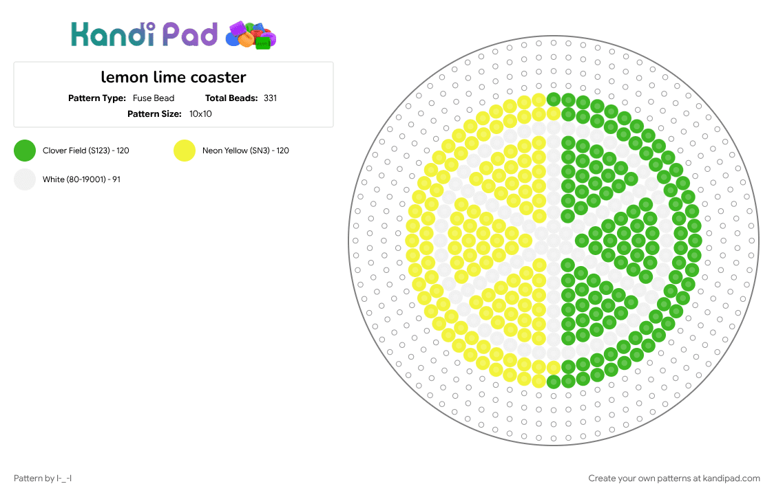 lemon lime coaster - Fuse Bead Pattern by l-_-l on Kandi Pad - citrus, coaster, fruit, green, lemon, lemon lime, lime, yellow