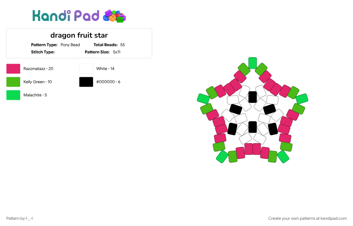 dragon fruit star - Pony Bead Pattern by l-_-l on Kandi Pad - black, dragon fruit, green, pink