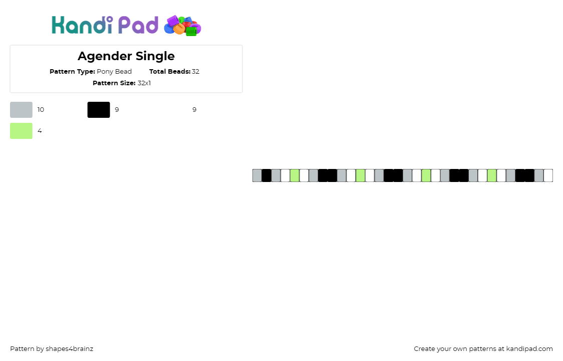 Agender Single - Pony Bead Pattern by shapes4brainz on Kandi Pad - agender,pride,single,bracelet,gray,green,white,black