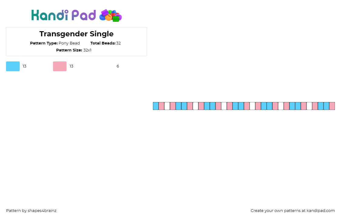 Transgender Single - Pony Bead Pattern by shapes4brainz on Kandi Pad - transgender,pride,single,bracelet,light blue,pink