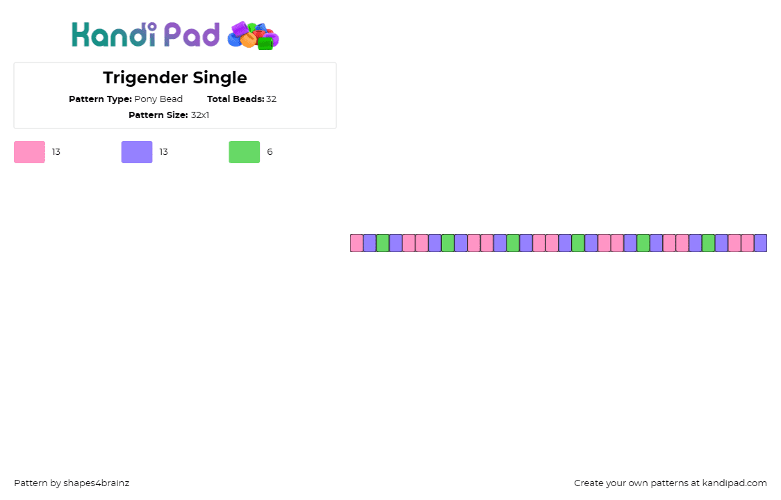 Trigender Single - Pony Bead Pattern by shapes4brainz on Kandi Pad - trigender,pride,single,bracelet,pink,purple,green