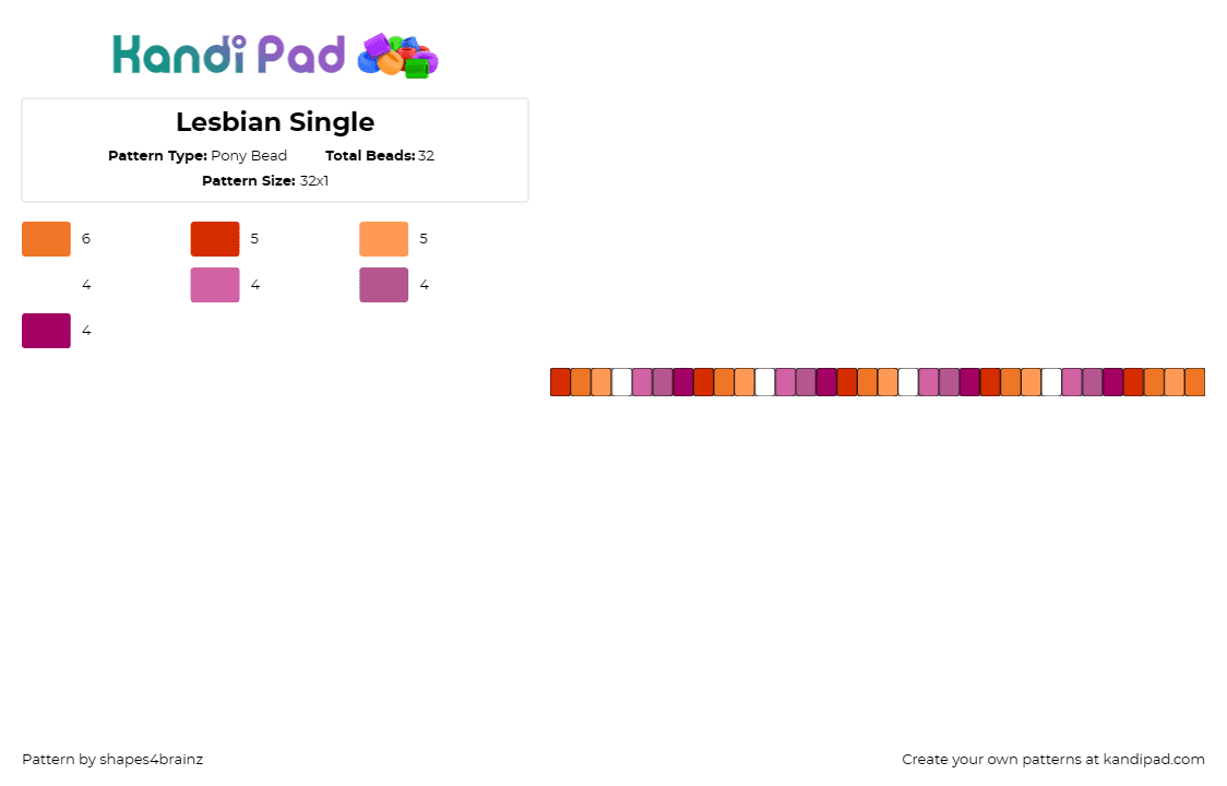 Lesbian Single - Pony Bead Pattern by shapes4brainz on Kandi Pad - lesbian,pride,single,bracelet,orange,pink