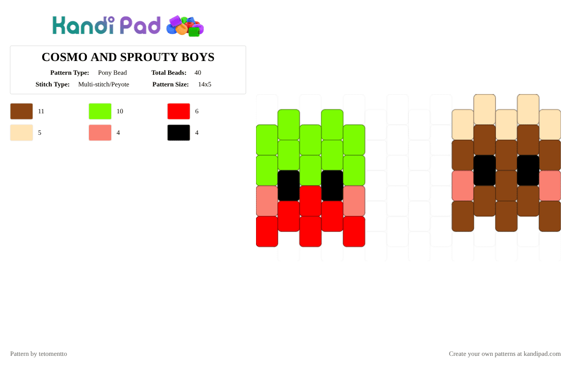 COSMO AND SPROUTY BOYS - Pony Bead Pattern by tetomentto on Kandi Pad - green,red