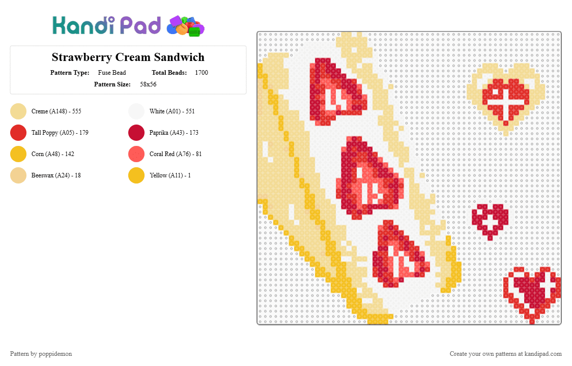Strawberry Cream Sandwich - Fuse Bead Pattern by poppidemon on Kandi Pad - cream, cute, edc, food, hearts, red, sandwich, sparkles, strawberry, yellow