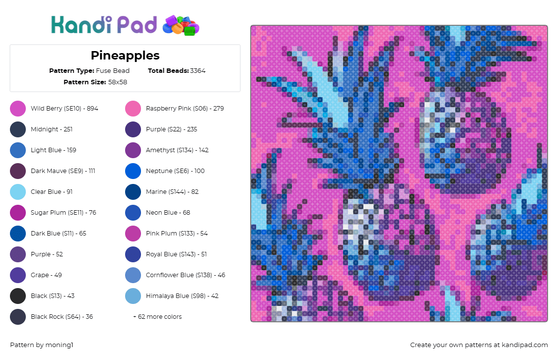 Pineapples - Fuse Bead Pattern by moning1 on Kandi Pad - pineapples,tropical,fruit,neon,retro,food,blue,pink