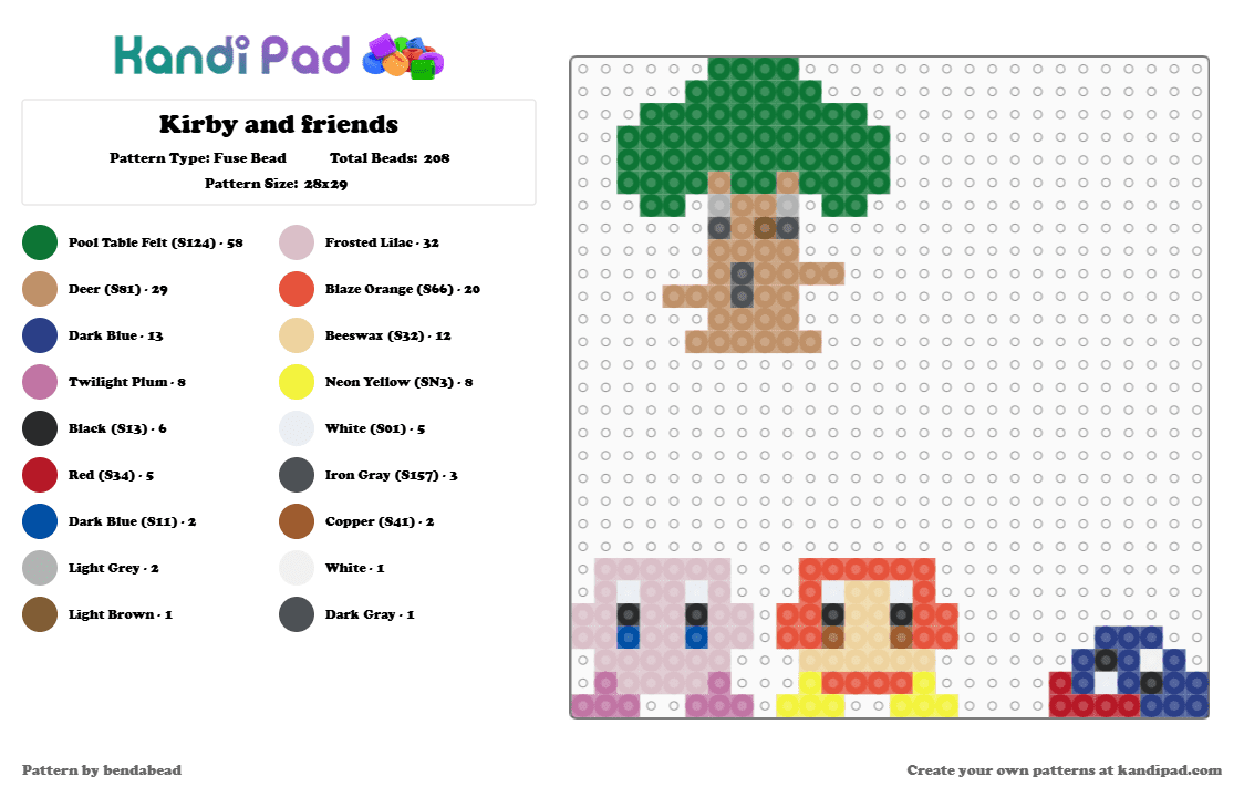 Kirby and friends - Fuse Bead Pattern by bendabead on Kandi Pad - beige,red,tan,green