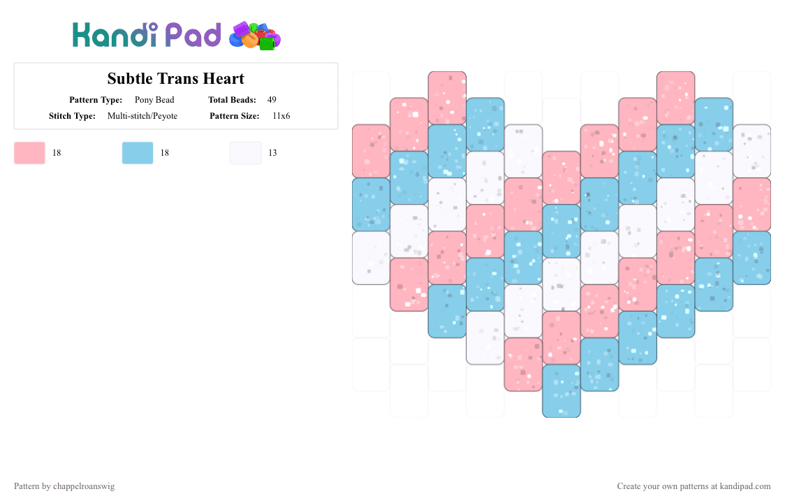 Subtle Trans Heart - Pony Bead Pattern by chappelroanswig on Kandi Pad - charm, glitter, heart, lgbtq, light blue, pastel, pink, trans, trans rights