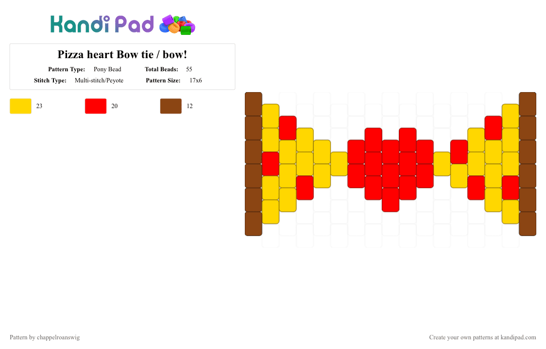 Pizza heart Bow tie / bow! - Pony Bead Pattern by chappelroanswig on Kandi Pad - red,yellow,pizza,heart,bow,bowtie,silly,small,food