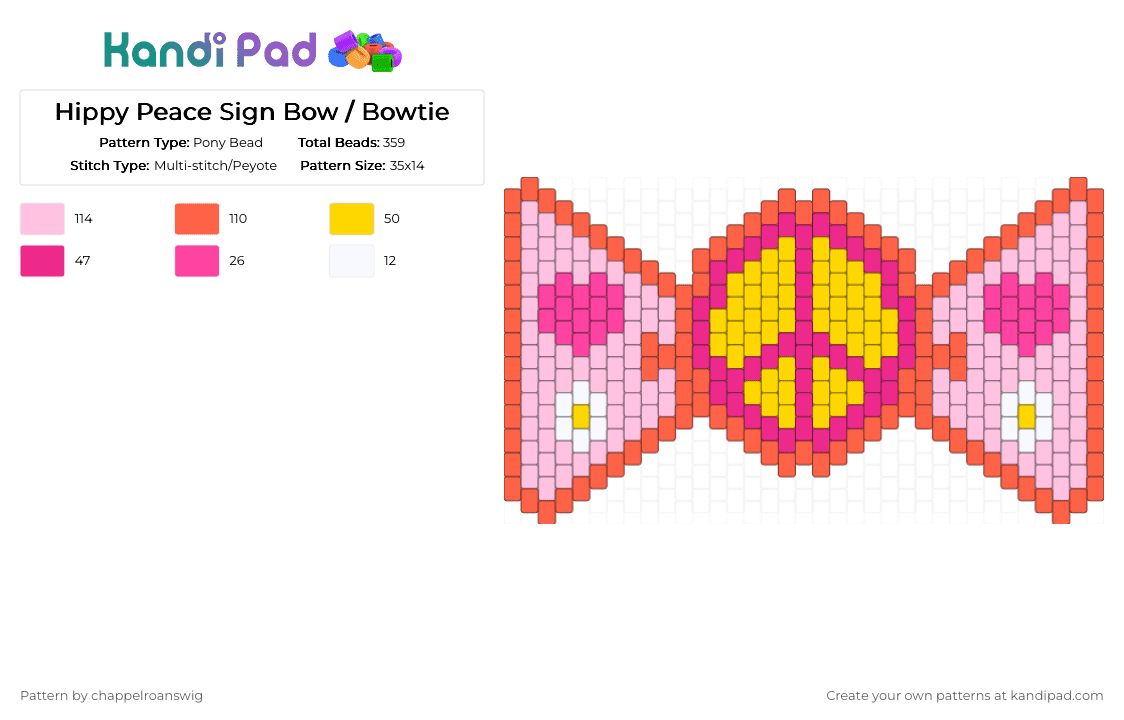 Hippy Peace Sign Bow / Bowtie - Pony Bead Pattern by chappelroanswig on Kandi Pad - bow, bowtie, flower, heart, hippy, orange, peace sign, pink