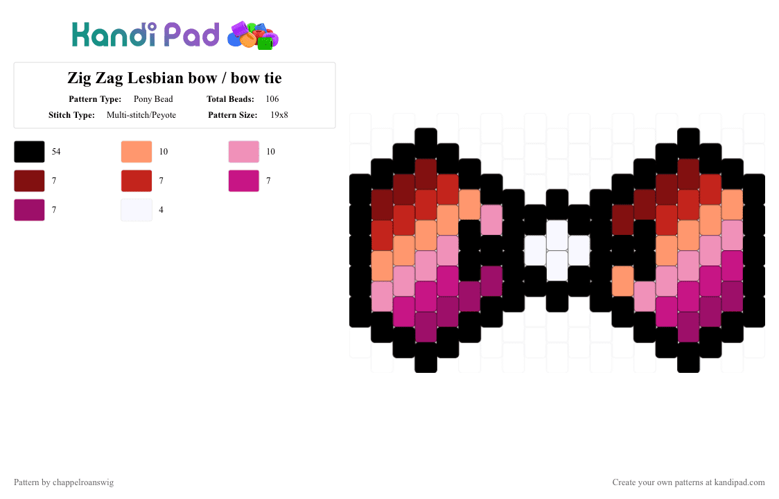 Zig Zag Subtle Lesbian Sunset bow / bow tie - Pony Bead Pattern by chappelroanswig on Kandi Pad - black, bow, bowtie, cute, lesbian, lgbtq, pink, sunset, zig zag
