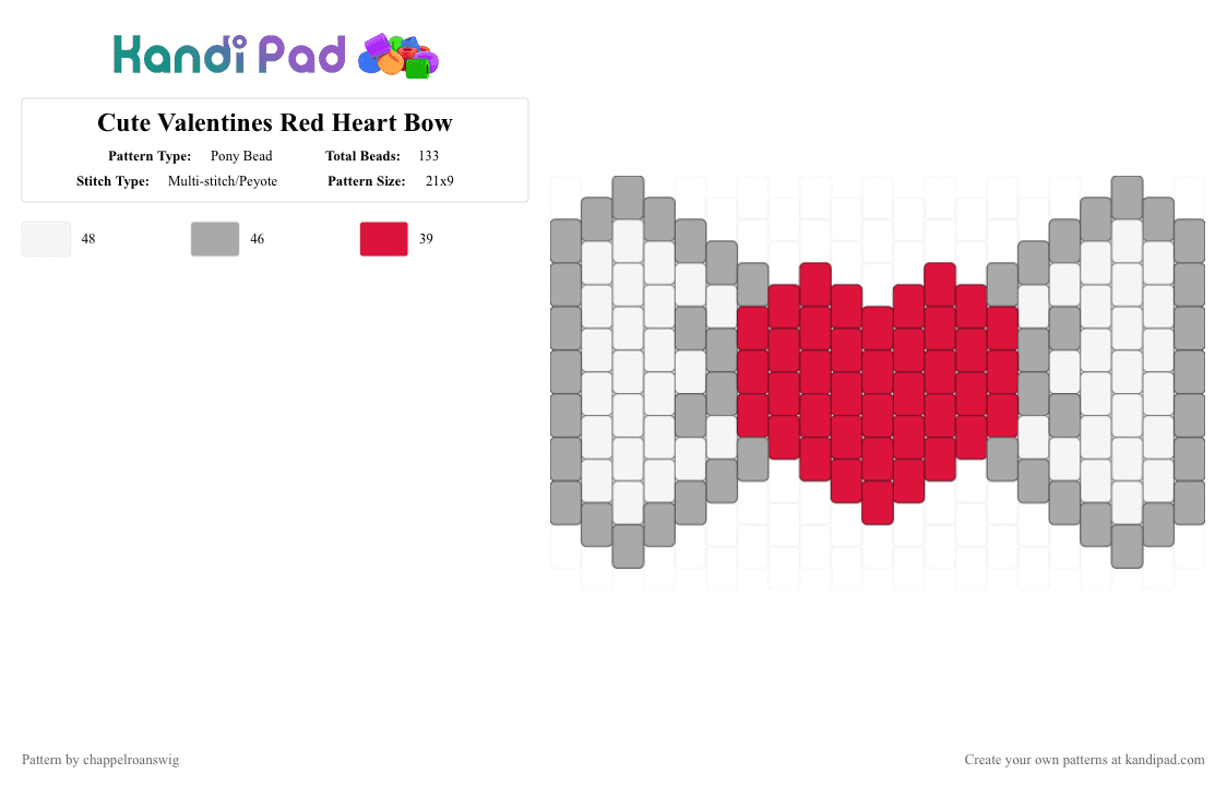 Cute Valentines Red Heart Bow - Pony Bead Pattern by chappelroanswig on Kandi Pad - beige,red,valentines,love,cute,bow,bowtie,red heart,heart,white