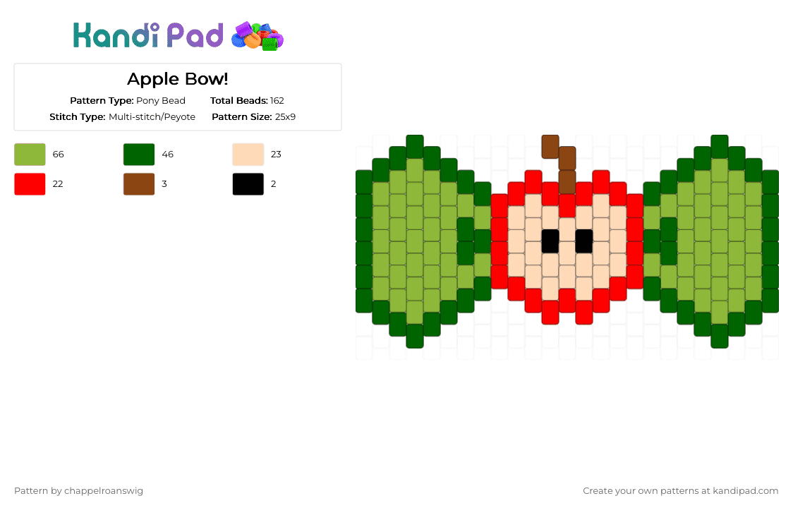 Apple Bow! - Pony Bead Pattern by chappelroanswig on Kandi Pad - green,whimsy,apple,bow,bowtie,cute,fruit,nature