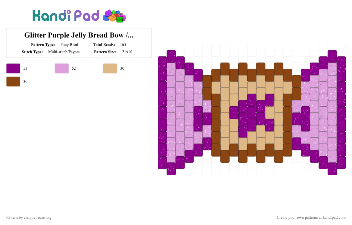 Glitter Purple Jelly Bread Bow / bowtie - Pony Bead Pattern by chappelroanswig on Kandi Pad - pink,food,bread,adorable,bow,bowtie,glitter,purple