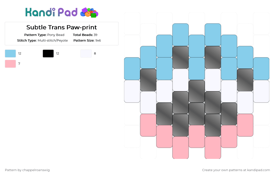 Subtle Trans Paw-print - Pony Bead Pattern by chappelroanswig on Kandi Pad - blue, charm, cute, lgbtq, light blue, pawprint, pink, trans, trans rights
