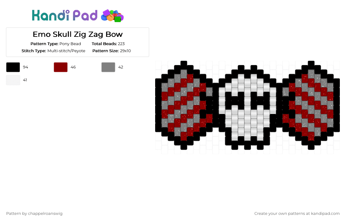 Emo Skull Zig Zag Bow - Pony Bead Pattern by chappelroanswig on Kandi Pad - red,gray,emo,zig zag,skull,bow,bowtie