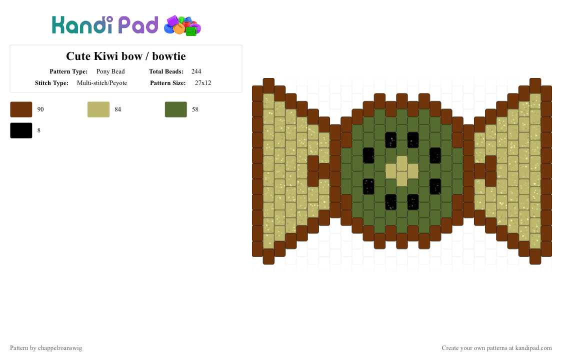Cute Kiwi bow / bowtie - Pony Bead Pattern by chappelroanswig on Kandi Pad - beige, bow, bowtie, brown, charm, food, fruit, green, kiwi