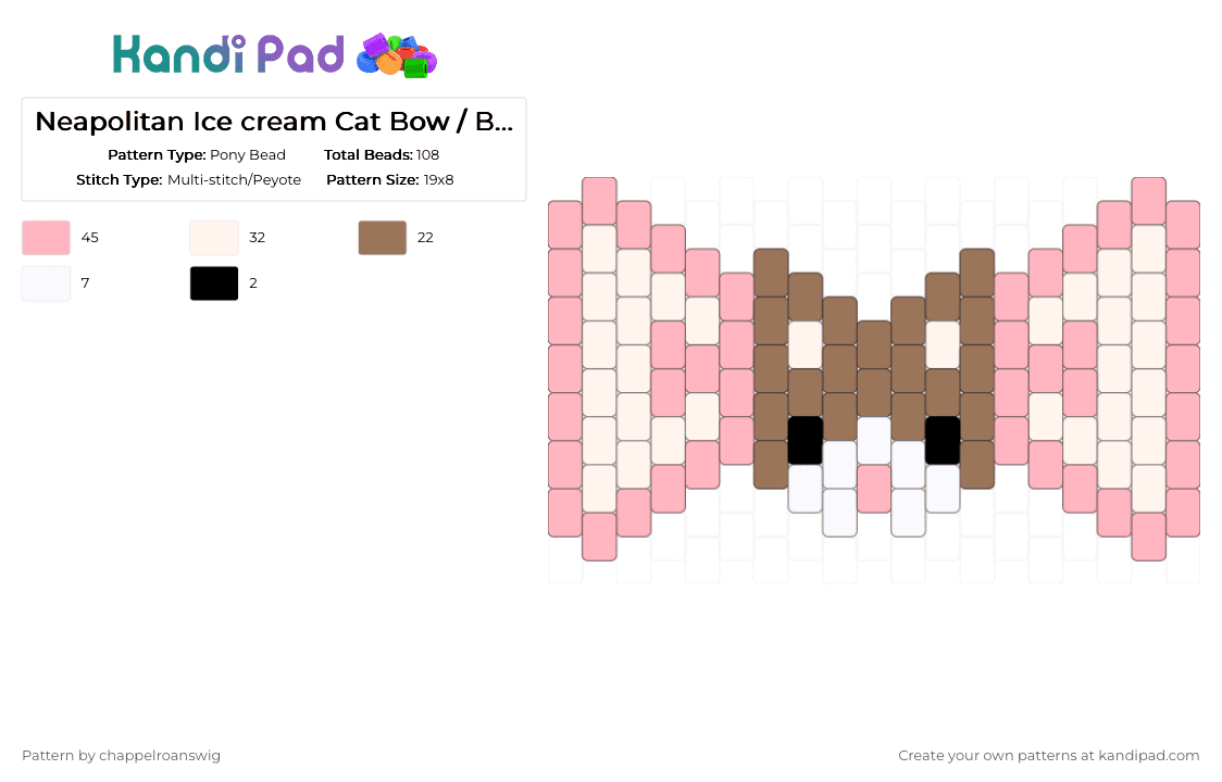 Neapolitan Ice cream Cat Bow / Bow tie - Pony Bead Pattern by chappelroanswig on Kandi Pad - bow, bowtie, cat, charm, cute, kitty, neapolitan ice cream, pink, tan