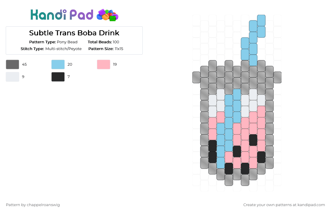 Subtle Trans Boba Drink - Pony Bead Pattern by chappelroanswig on Kandi Pad - boba, charm, cute, drink, food, gray, keychain, lgbtq, trans