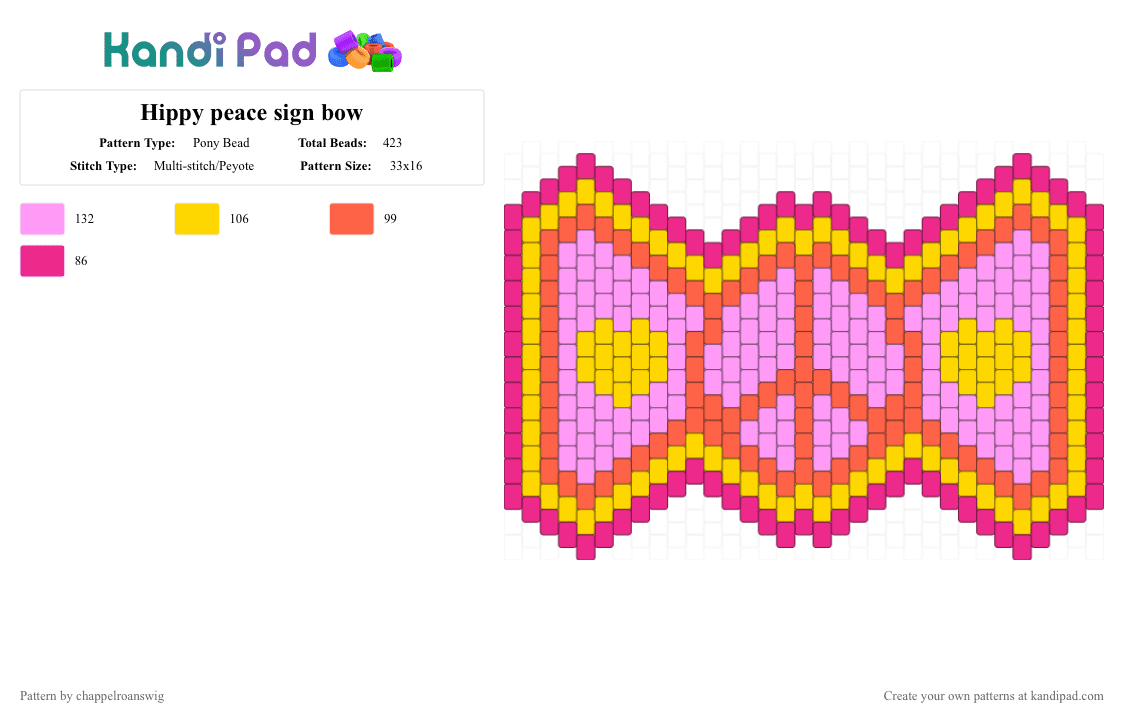 Hippy peace sign bow - Pony Bead Pattern by chappelroanswig on Kandi Pad - bow, bowtie, heart, hippy, orange, peace sign, pink, yellow