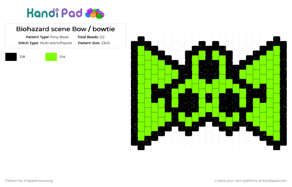 Biohazard scene emo Bow / bowtie - Pony Bead Pattern by chappelroanswig on Kandi Pad - black,green,biohazard,scene,neon green,halloween,bow,bowtie,charm,emo