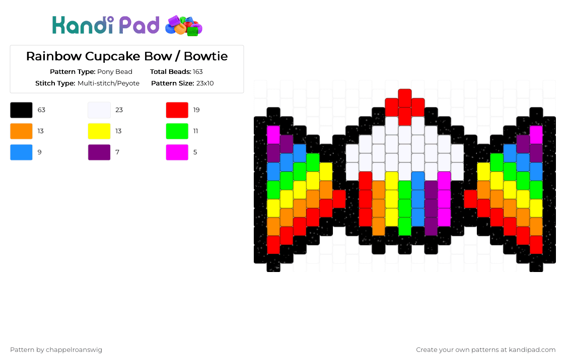 Rainbow Cupcake Bow / Bowtie - Pony Bead Pattern by chappelroanswig on Kandi Pad - red,orange,yellow,pink,rainbow,cupcake,food,bow,bowtie,scene,cute