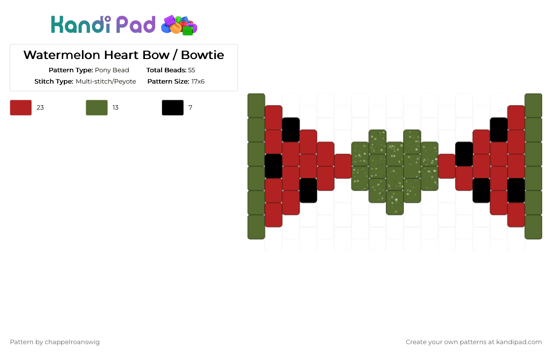 Watermelon Heart Bow / Bowtie - Pony Bead Pattern by chappelroanswig on Kandi Pad - bow, bowtie, charm, food, fruit, gold, nature, red, summer, watermelon