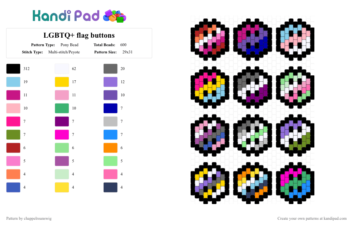 Pride LGBTQ+ flag buttons - Pony Bead Pattern by chappelroanswig on Kandi Pad - black, button, charm, colorful, keychain, lgbtq, lgbtq flags, pink, pride, purple, yellow
