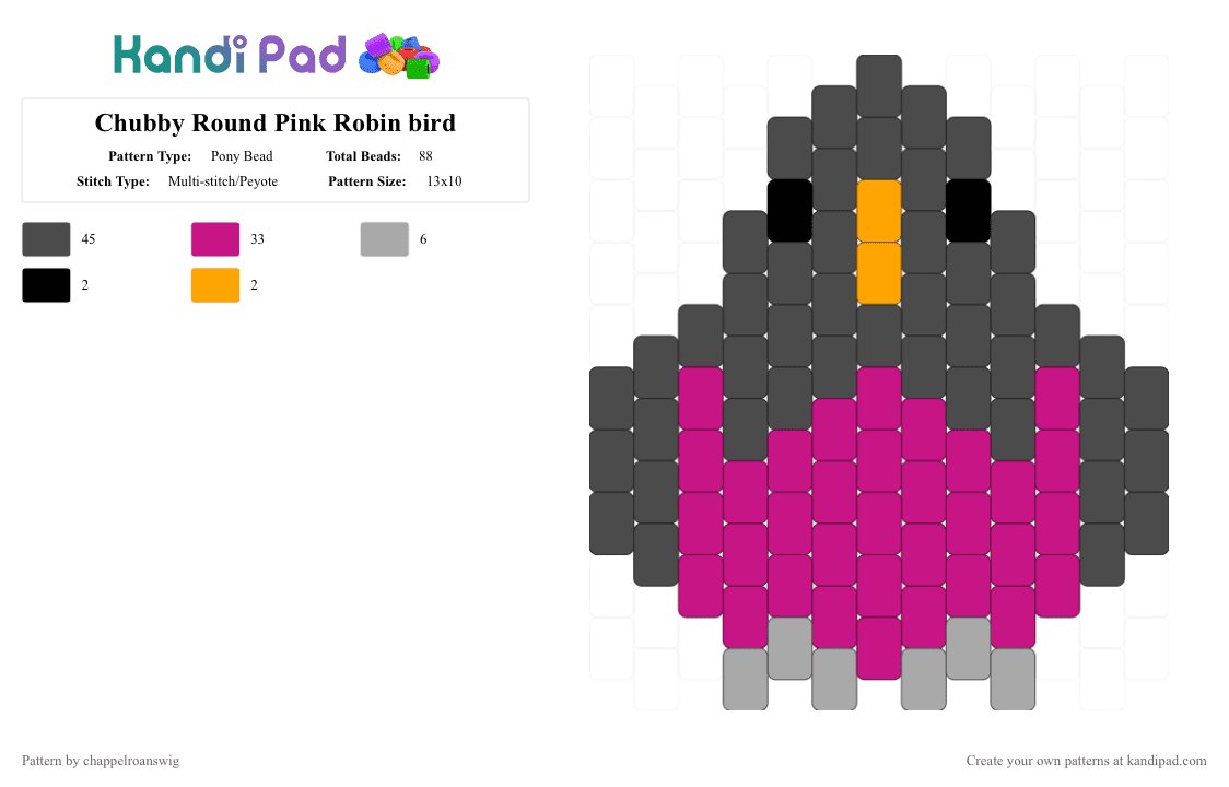 Chubby Round Pink Robin bird - Pony Bead Pattern by chappelroanswig on Kandi Pad - bird, charm, cute, gray, nature, peyote, pink, robin