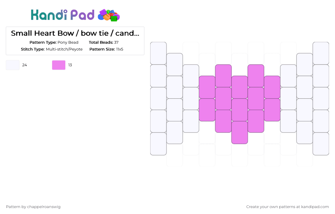 Small Heart Bow / candy wrapper - Pony Bead Pattern by chappelroanswig on Kandi Pad - bow, bowtie, candy wrapper, cute, heart, pink, small, white
