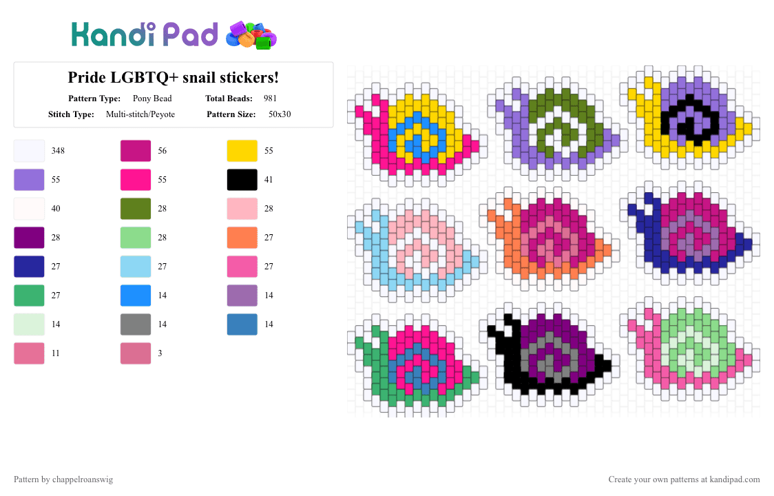 Pride LGBTQ+ snail stickers! - Pony Bead Pattern by chappelroanswig on Kandi Pad - bug, colorful, gay, green, lgbtq, pride, purple, rainbow, snail, sticker, white