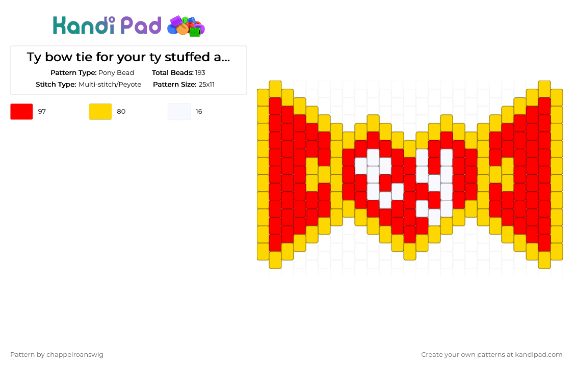 Ty bow tie for your ty stuffed animals - Pony Bead Pattern by chappelroanswig on Kandi Pad - animal, bow, bowtie, charm, heart, red, stuffed animal, yellow