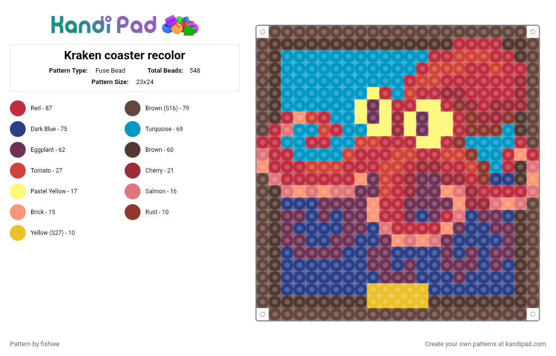 Kraken coaster recolor - Fuse Bead Pattern by fishiee on Kandi Pad - blue, brown, red